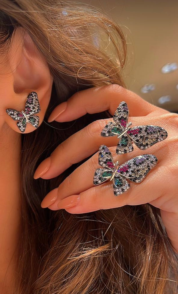 Rhodium Plated Double Butterfly Ring