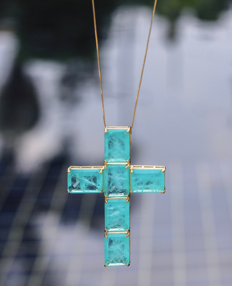 Elegant 18K Gold Plated Paraiba Tourmaline Cross Necklace