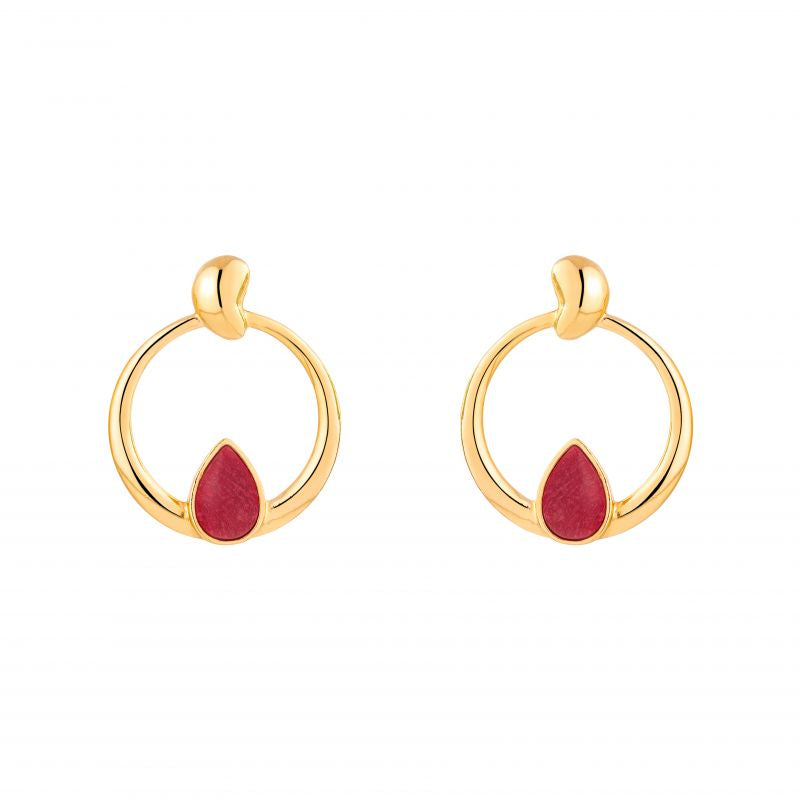 Handmade Red Feldspar Stone 18K Gold Plated Hoop Earring