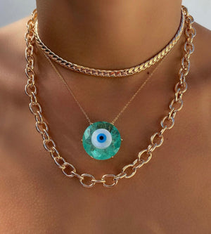 Handmade Paraiba Tourmaline & Mother Of Pearl 18K Gold Plated Eye Necklace