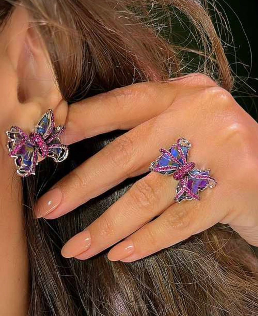 Elegant Amethyst And Diamond Butterfly Earring & Ring Set