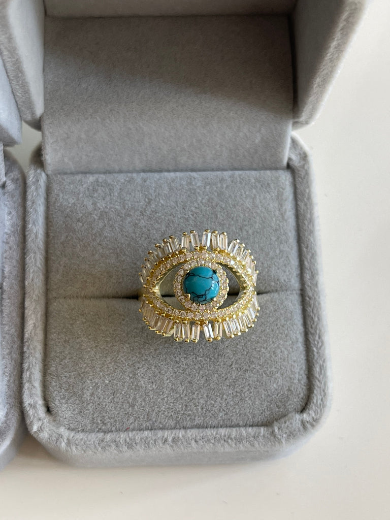 Elegant Gold Plated CZ Diamond Turquoise Eye Ring