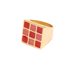 Hand Painted Enamel Red 9 Dot Square Ring