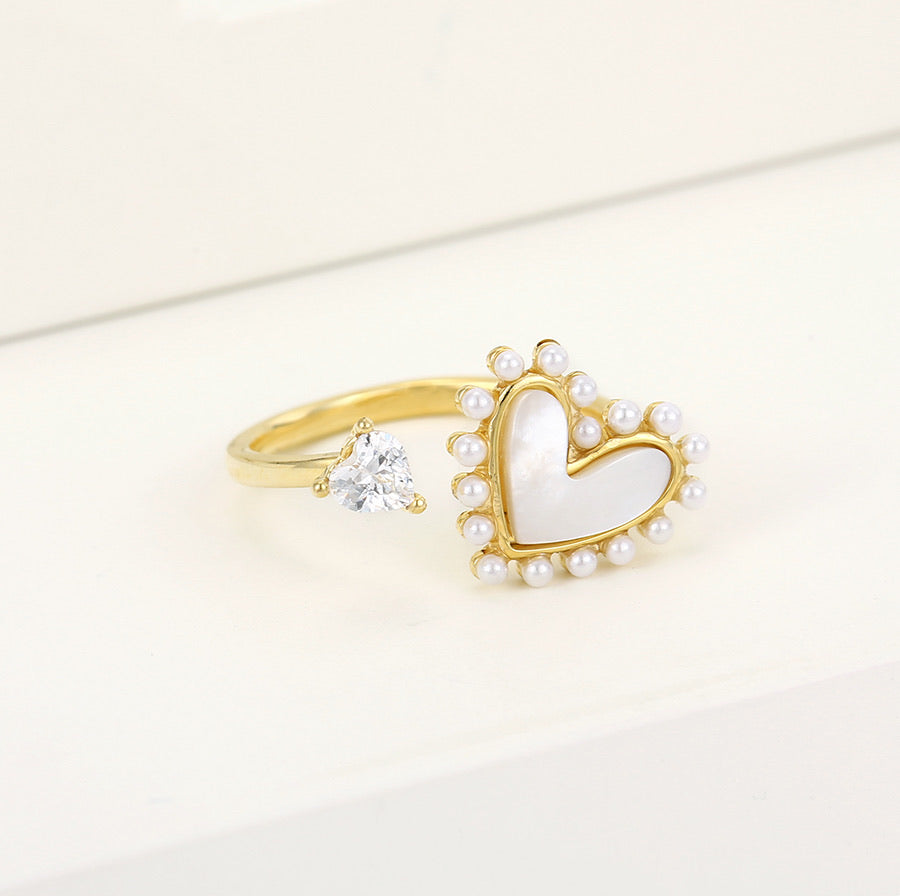 Mother Of Pearl & Cz Diamond 14k Gold Plated Heart Ring