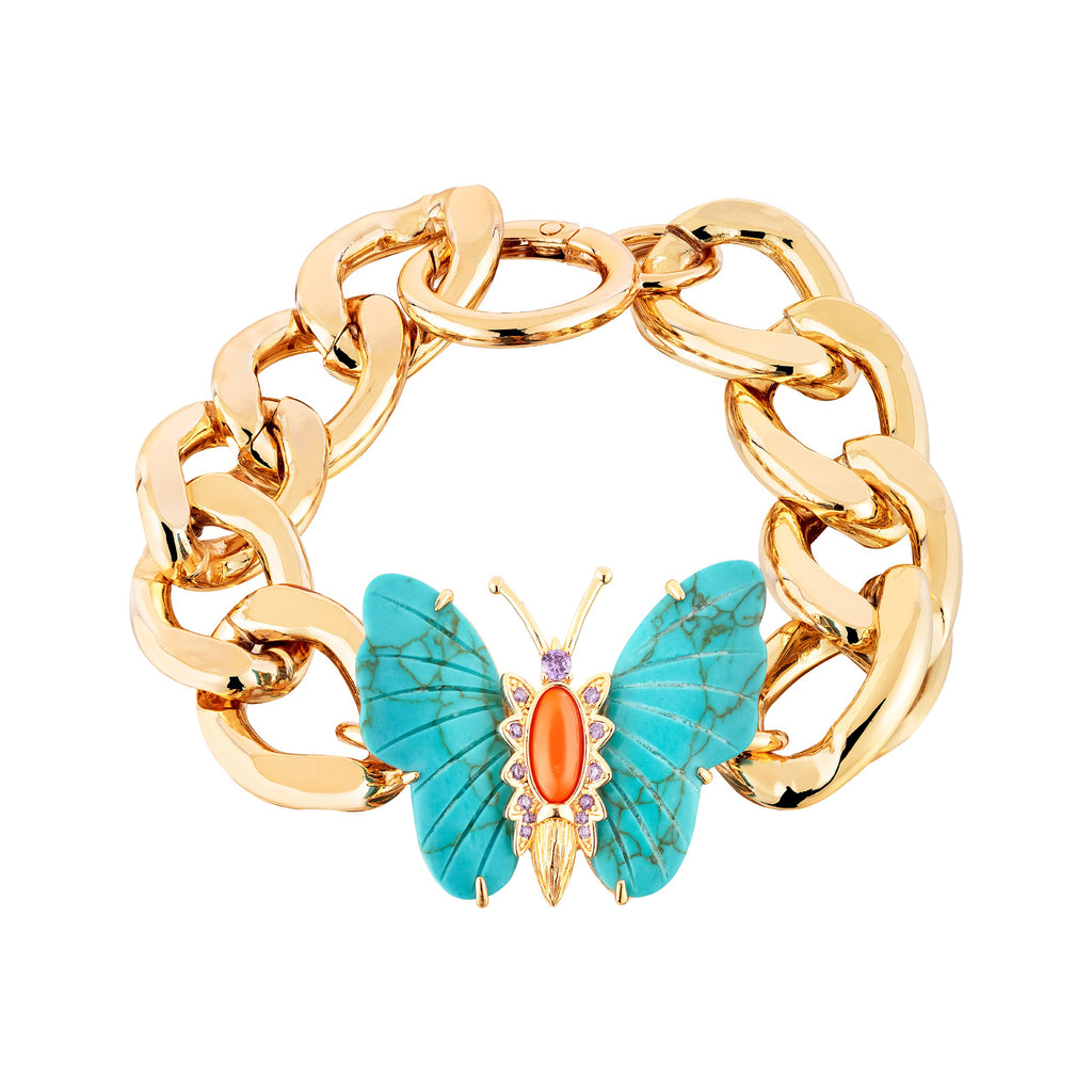 Handmade Turquoise & Diamond Butterfly 18K Gold Plated Bracelet
