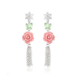 Pink Flower Tassel Earring