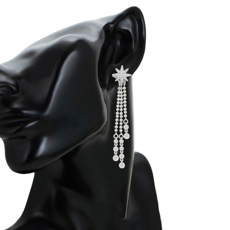 Elegant Rhodium Plated CZ Diamond Star Tassel Earring