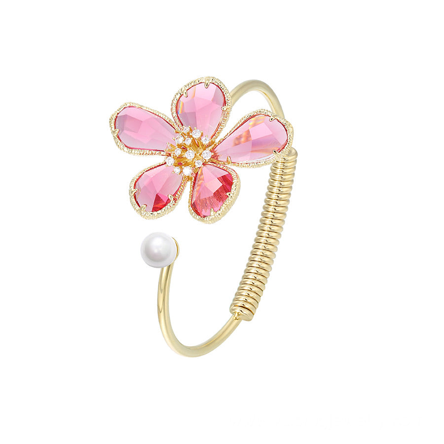 Luxe Cz Crystal Pink Flower 14K Gold Plated Bracelet
