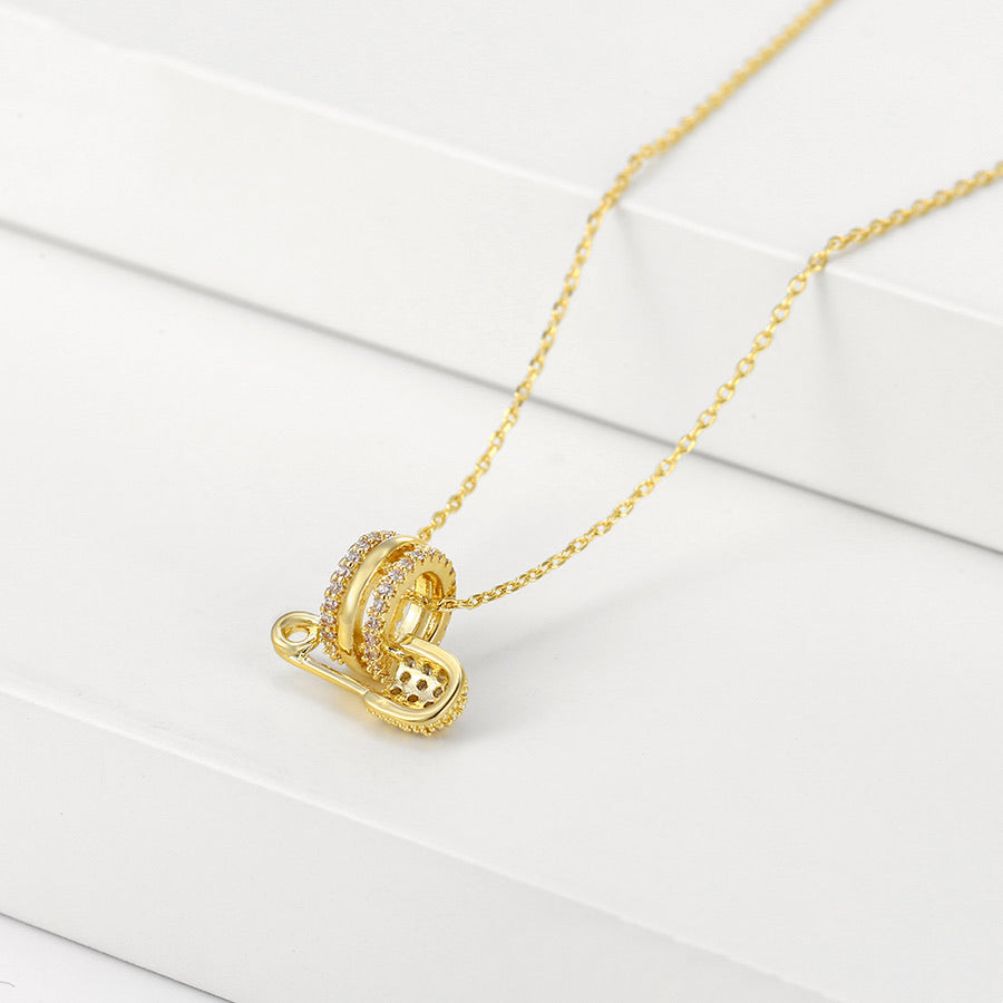 Elegant Safety Pin 14K Gold Plated Cz Diamond Necklace