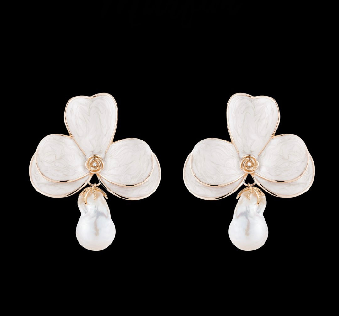 Italian  Enamel Glow & White 18k Gold Plated Orchid  Earring