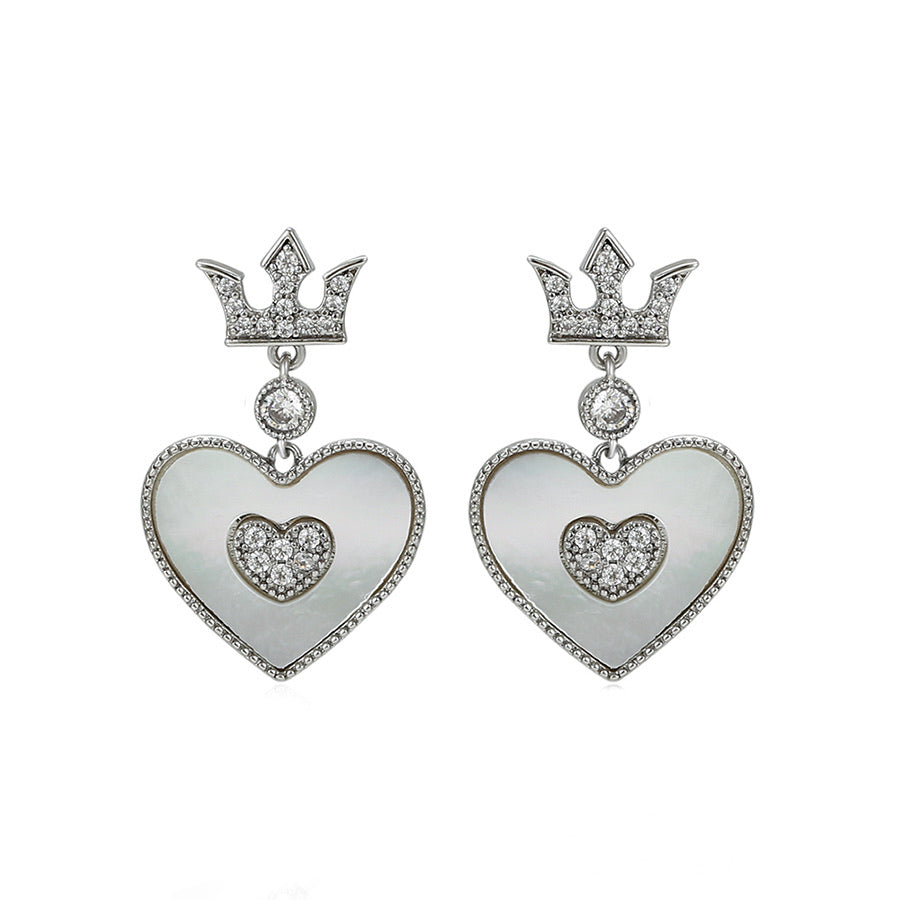 Rhodium Plated Cz Diamond Crown Heart Earring