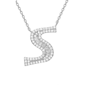 S925 Silver Rhodium Plated Cz Diamond Initial S Necklace