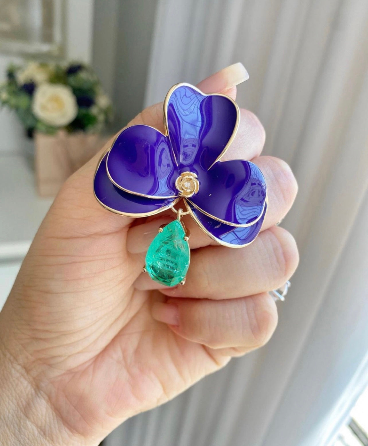 Italian Enamel Violet Orchid Drop Paraiba Earring