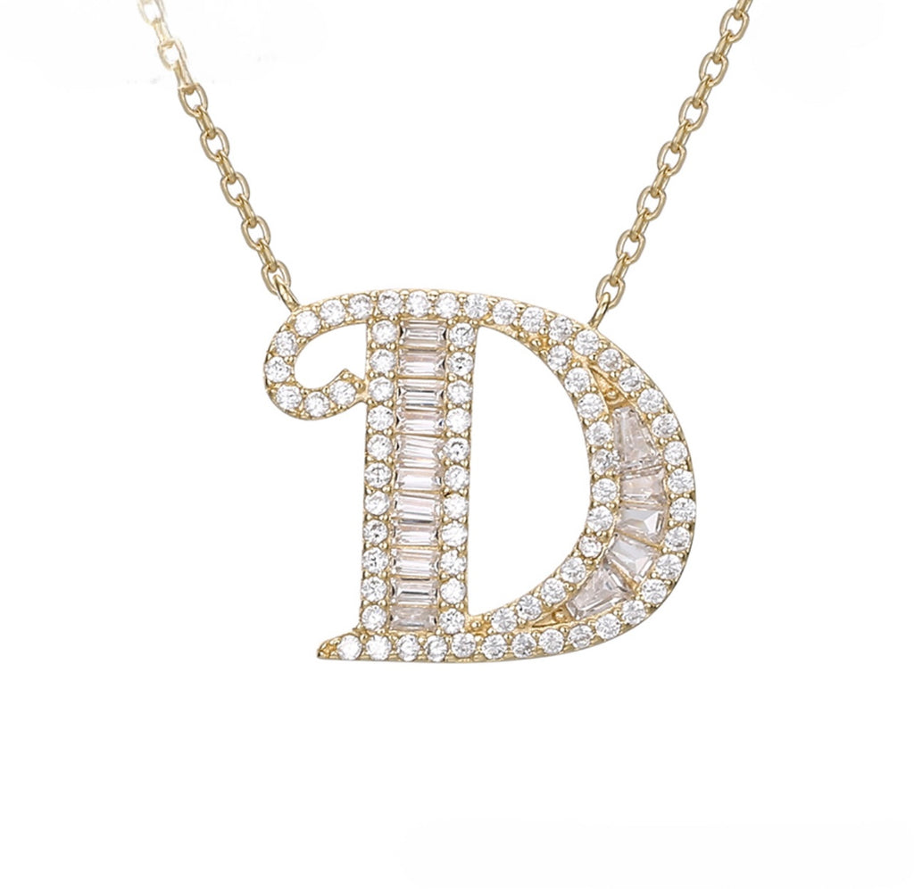 Elegant S925 Silver,14K Gold Plated CZ Diamond Initial D Necklace