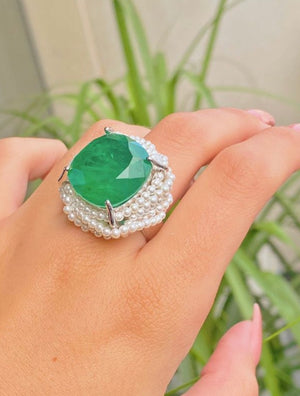 Handmade Emerald & Pearl white Gold Plated Ring