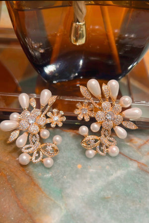 Elegant Pearl & Cz Diamond 18K Gold Plated Flower Earring