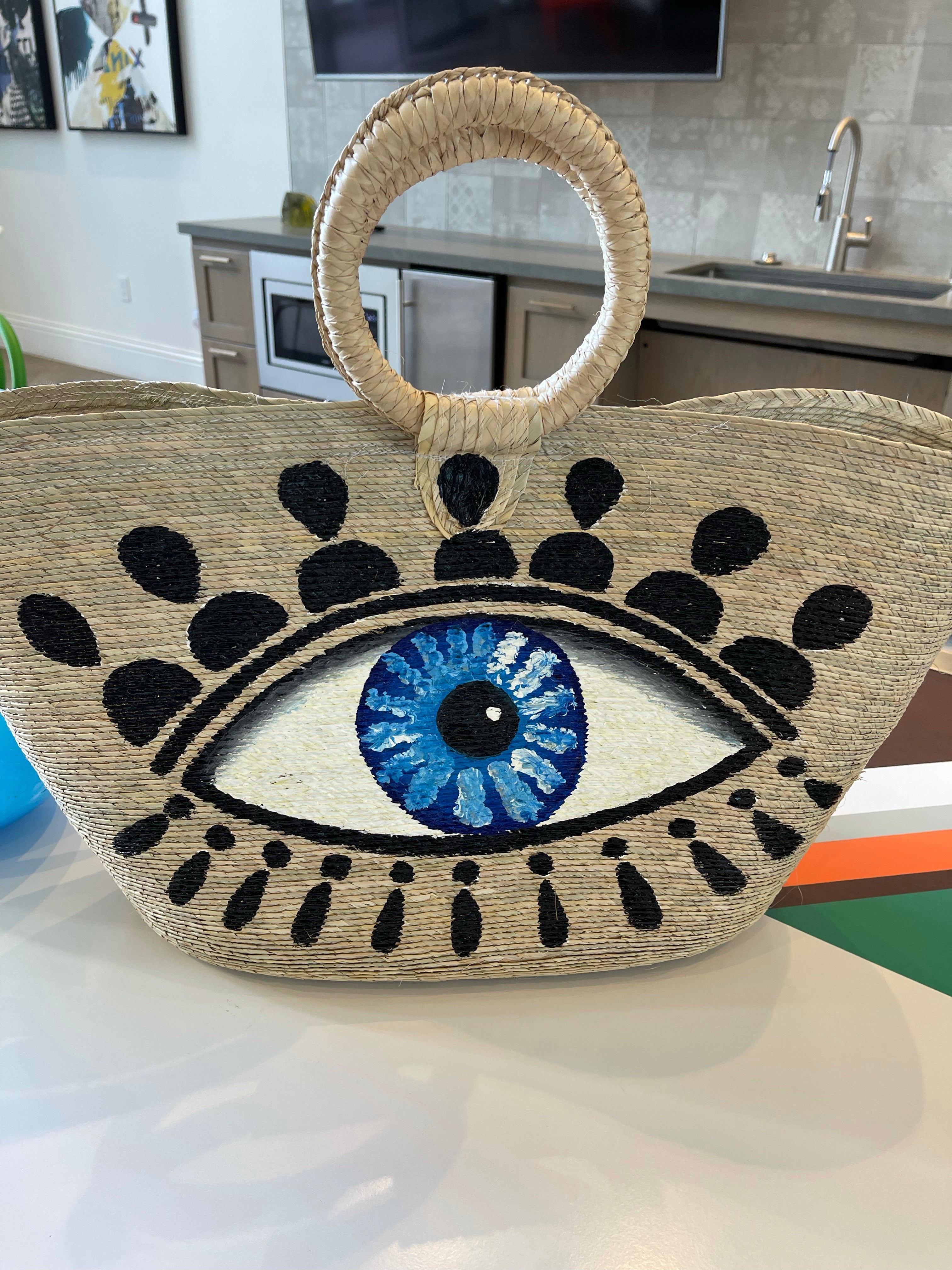 Hand Painted Evil Eye Palm Leaf Woven Basket Bag