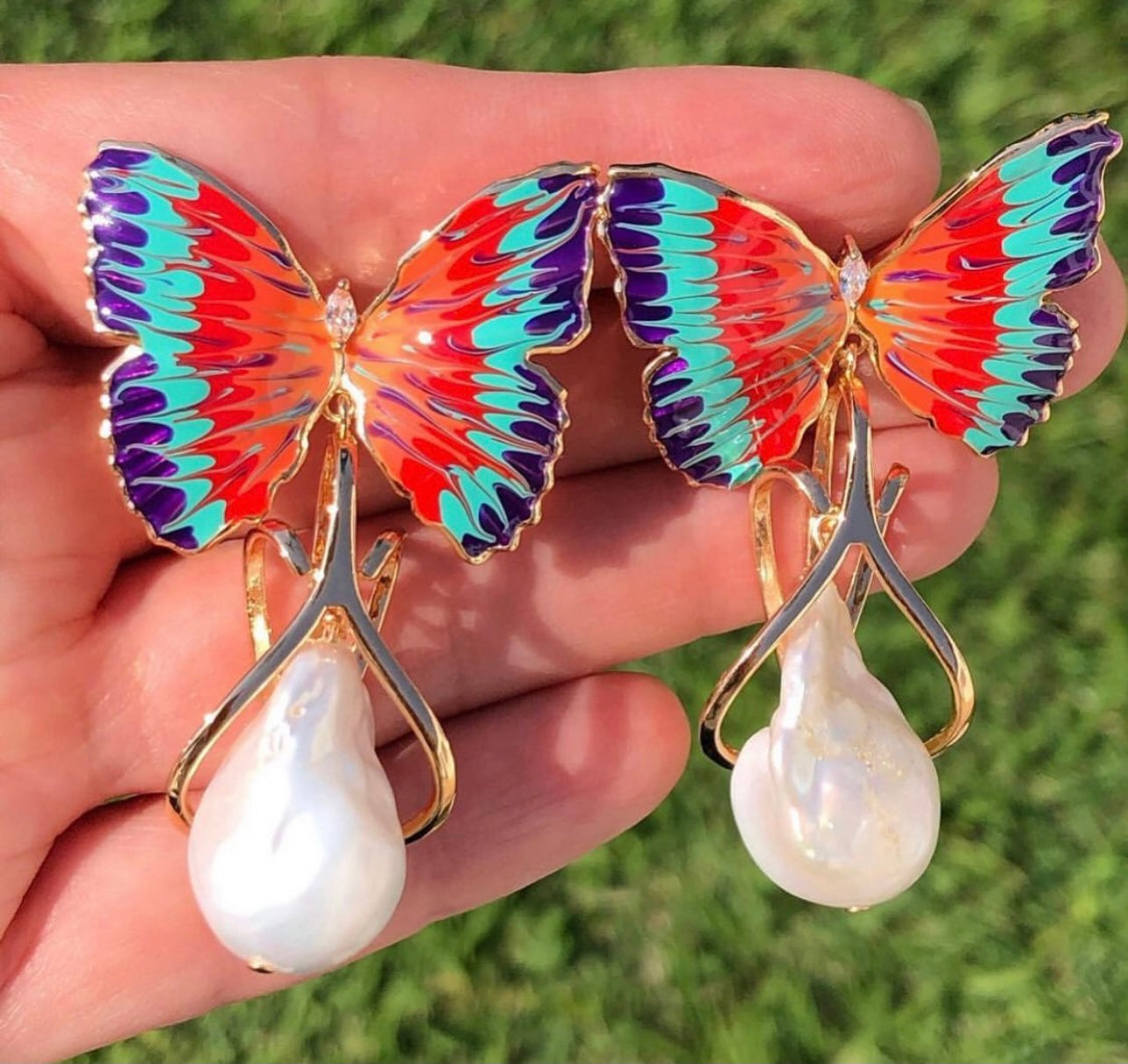 Italian Enamel Hand Painted Butterfly 18K Gold Plated Pearl Earring