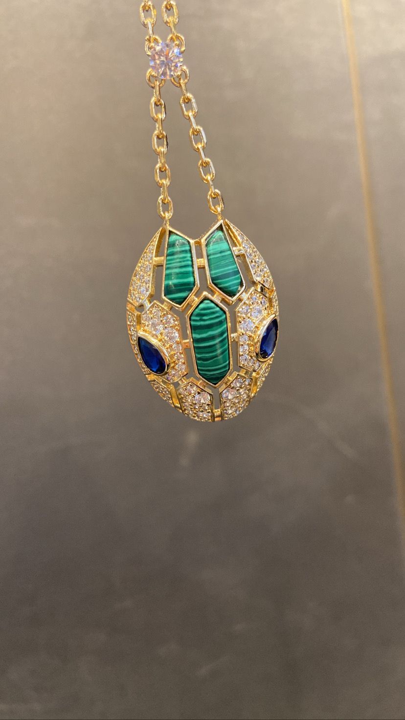 Delicate 18K Gold Plated Malachite & Sapphire Snake Pendant Necklace