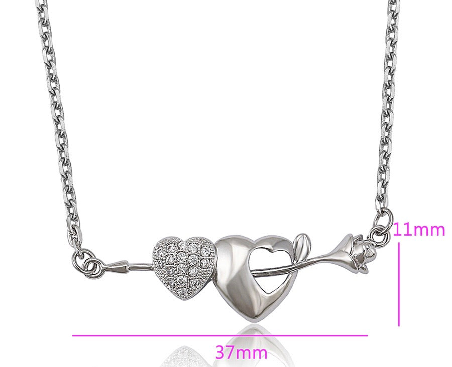 Rhodium Plated Flower & Heart Necklace