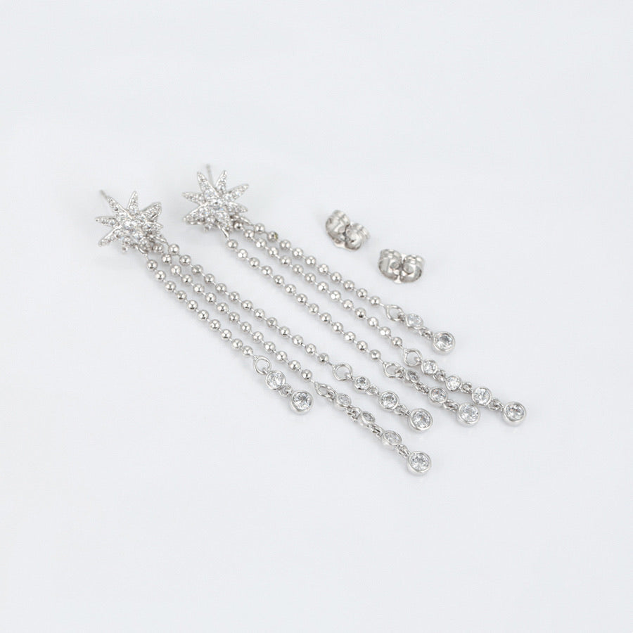 Elegant Rhodium Plated CZ Diamond Star Tassel Earring