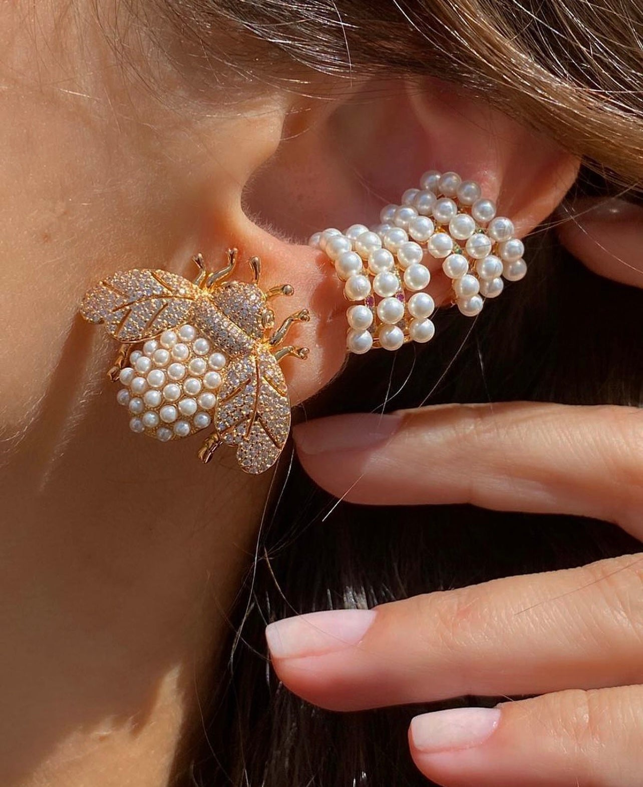 18K Gold Plated Pearl & Cz Diamond Bee Earring