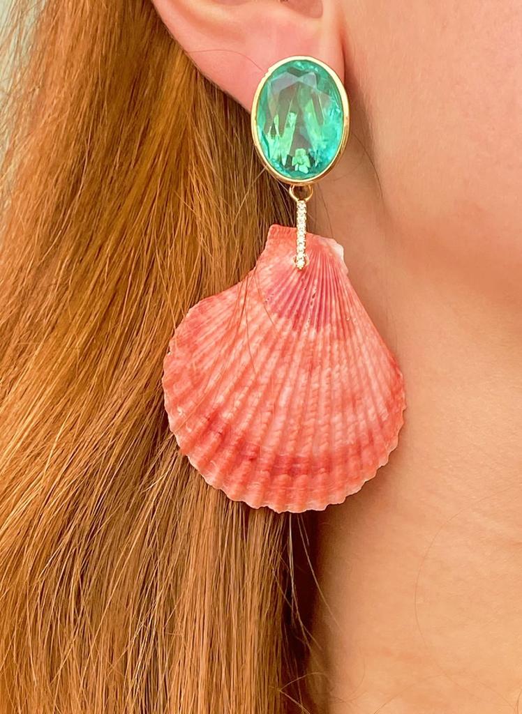 Real Natural Shell with Paraiba Tourmaline Stone,18k Gold Plated Earring