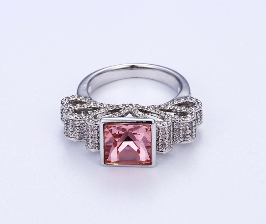 Elegant Rhodium Plated Pink Stone Ring