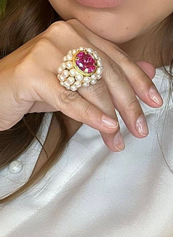 Handmade Pink Tourmaline & Pearl Ring