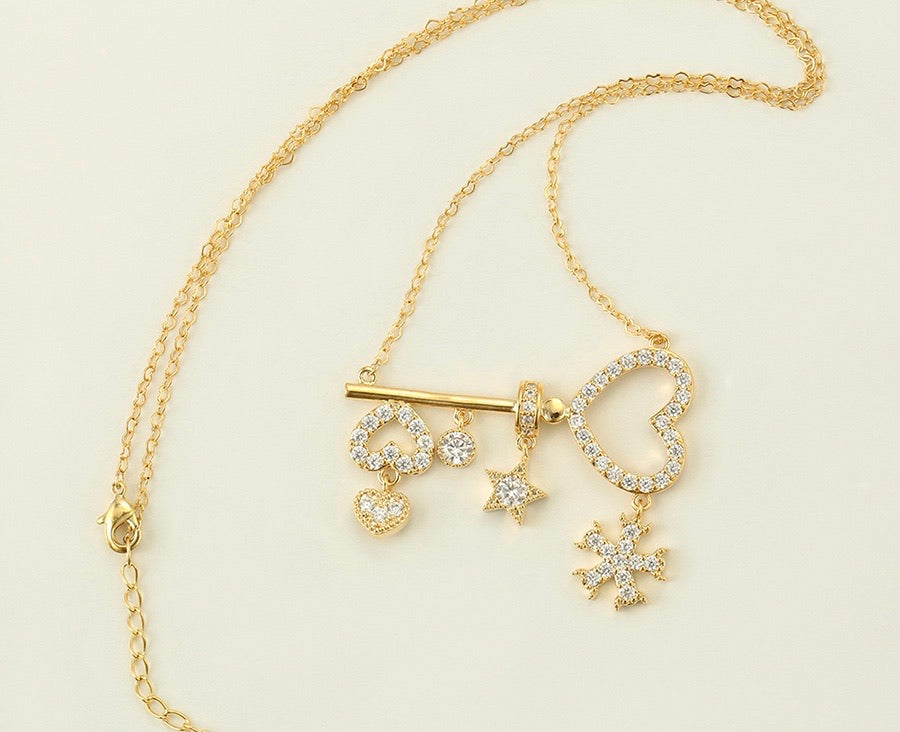 14K Gold Plated Diamond Heart Key Necklace