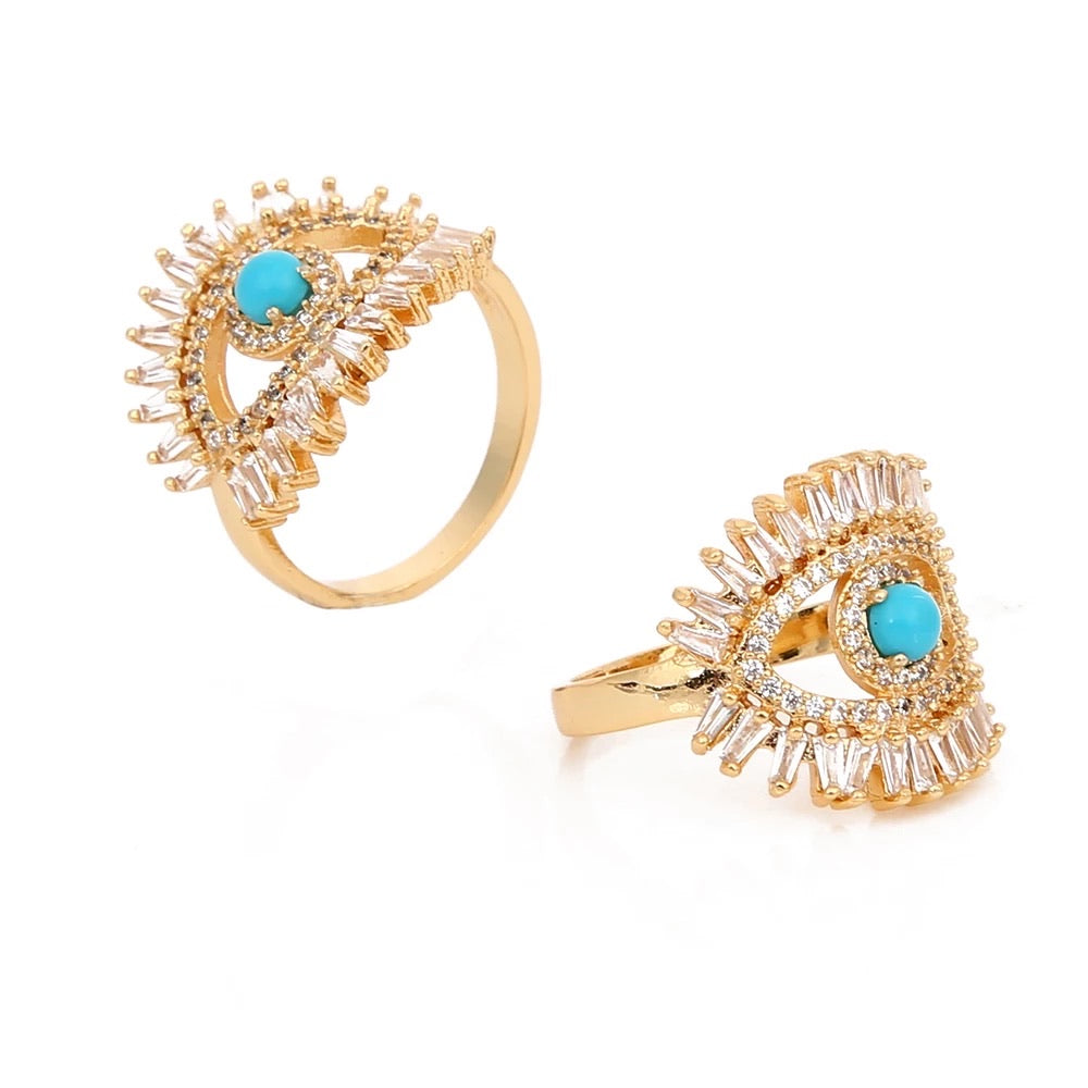 Elegant Gold Plated CZ Diamond Turquoise Eye Ring