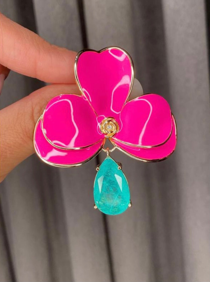 Italian Enamel Neon Pink Orchid Drop Paraiba Earring