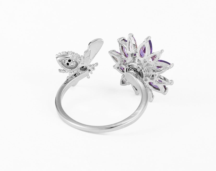 Fashion Crystal Spinning Flower & Bee Ring
