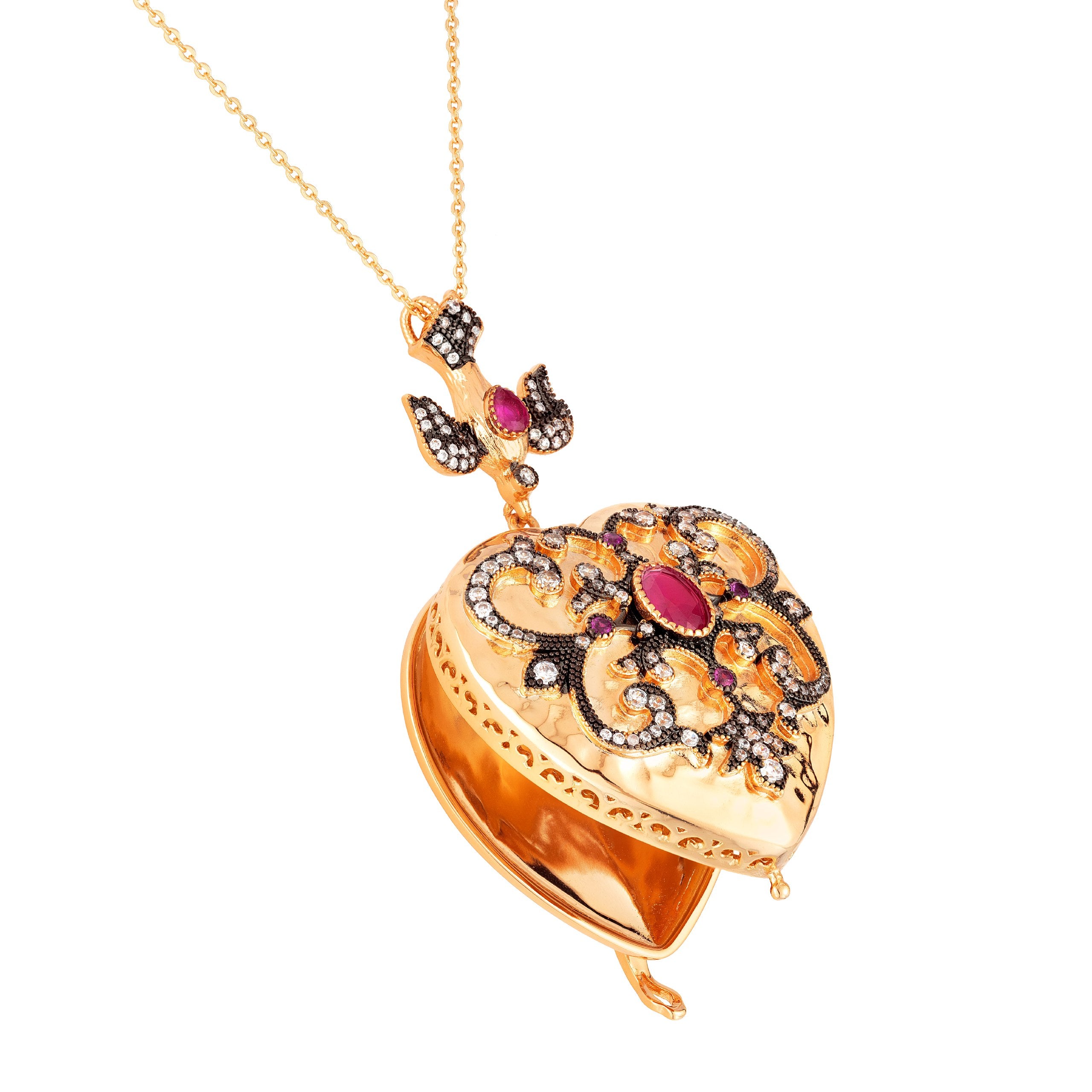 18k Gold Plated Ruby & Cz Diamond Handmade Locket Necklace