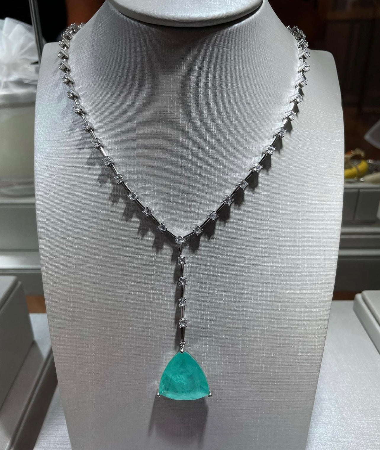 Rhodium Plated Paraiba Tourmaline & CZ Diamond Necklace