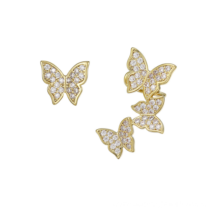 14K Gold Plated CZ Diamond Butterfly Stud Earring With Ear Cuff