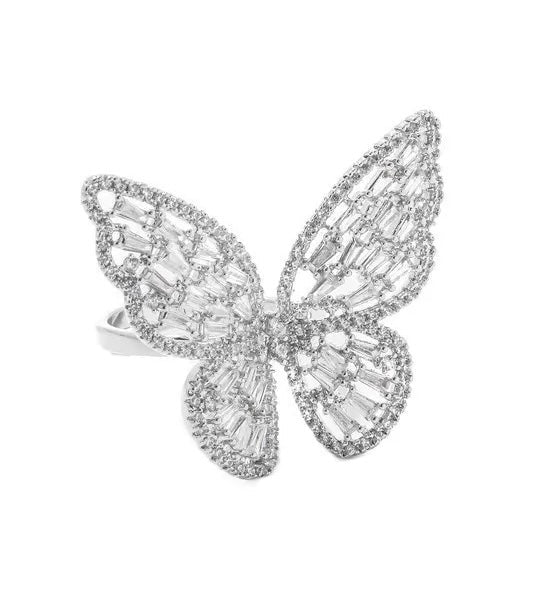 Rhodium Plated Cz Diamond Butterfly Ring & Earring Set