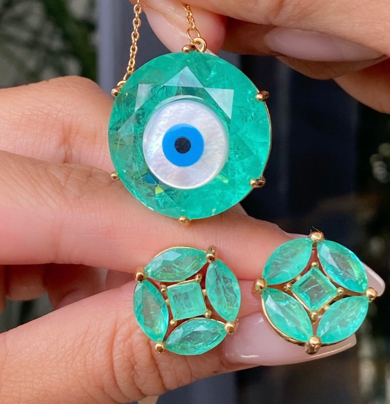 Handmade Paraiba Tourmaline & Mother Of Pearl 18K Gold Plated Eye Necklace