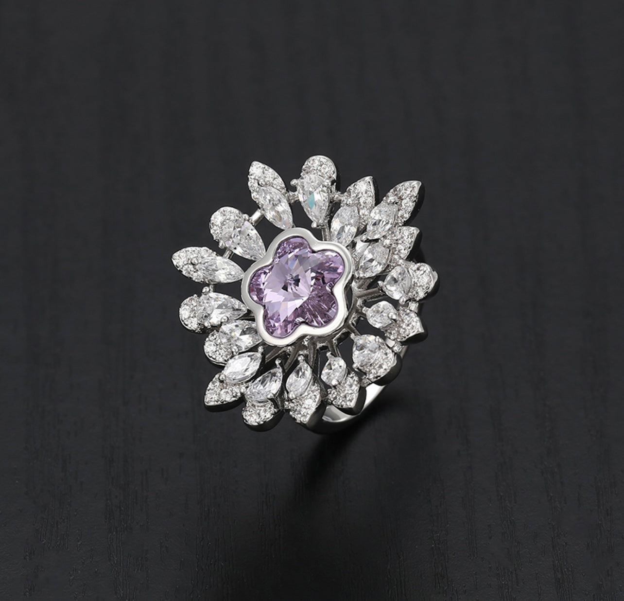 Fashion Purple Crystal & CZ Diamond Flower Ring