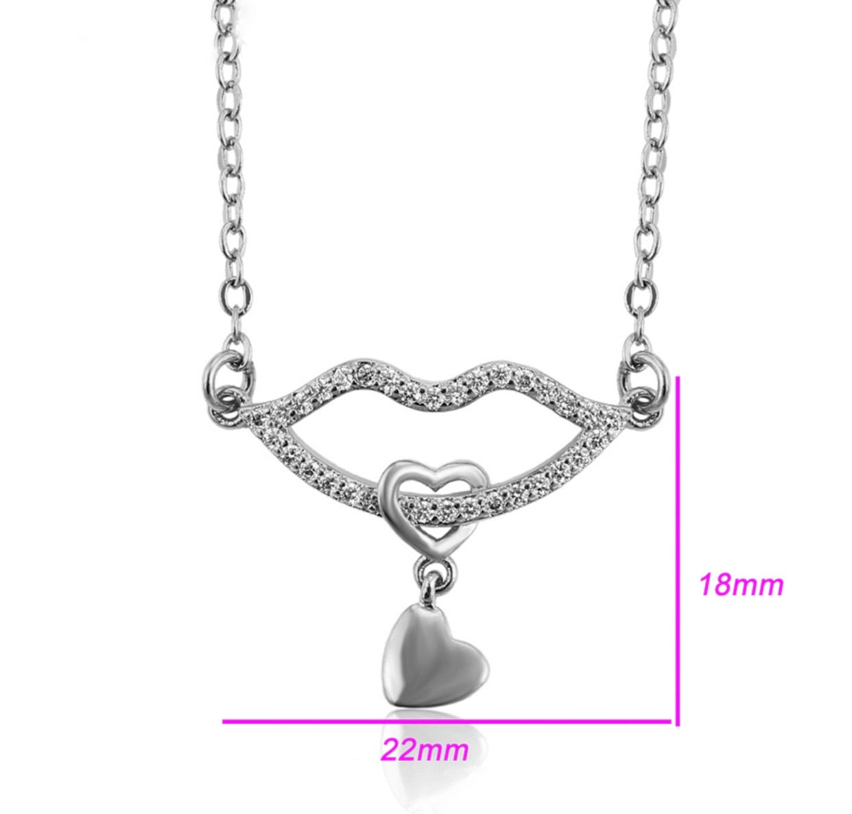 Rhodium Plated Cubic Zirconia Diamond Heart & Lips Necklace