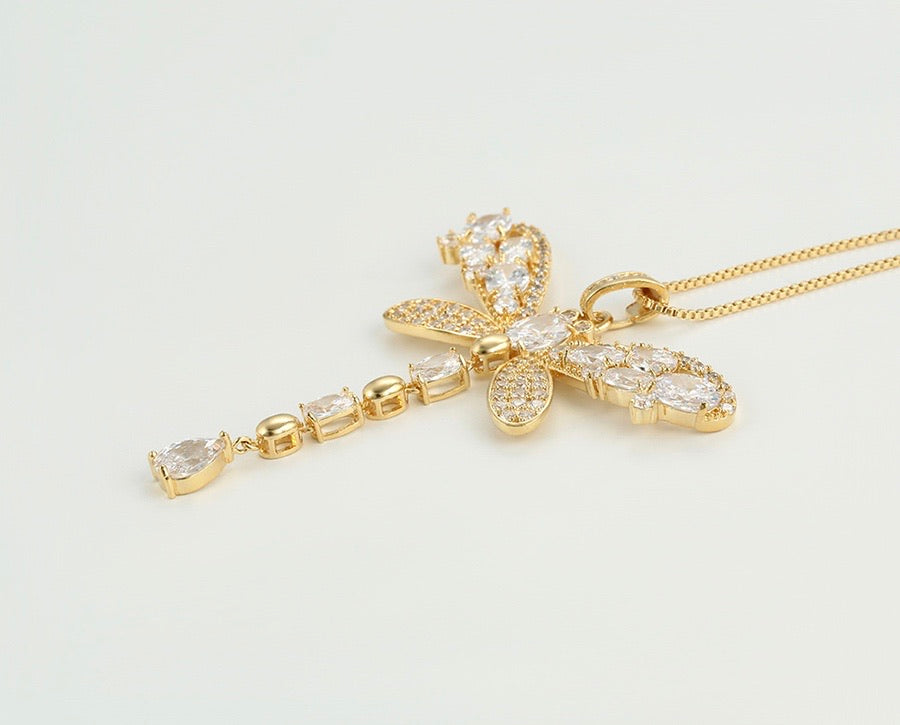 14K Gold Plated Cz Diamond Dragonfly Necklace