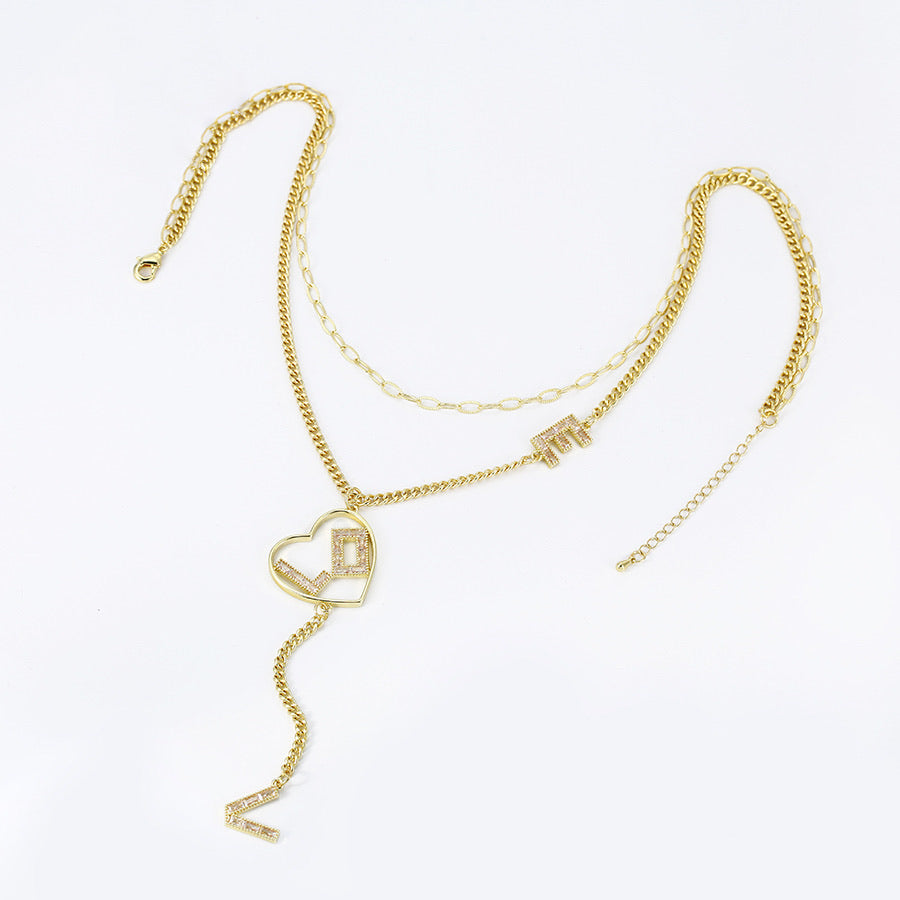 14K Gold Plated Cz Diamond Love & Heart Layered Necklace