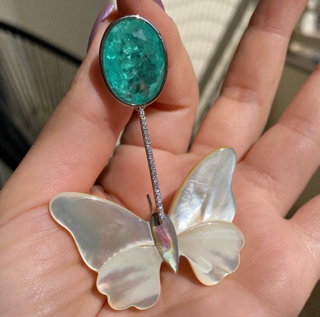 Handmade Tourmaline , Mother Of Pearl & Abalone Shell Butterfly Earring