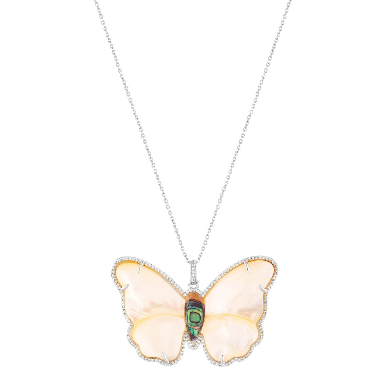 Rhodium Plated Mother Of Pearl &  Abalone Diamond Butterfly Necklace