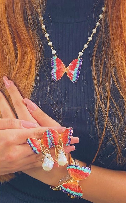 Italian Enamel Hand Painted Butterfly 18K Gold Plated Pearl Earring