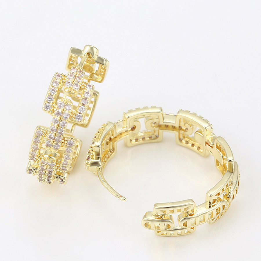 14K Gold Plated Cz Diamond Chain Hoop Earring