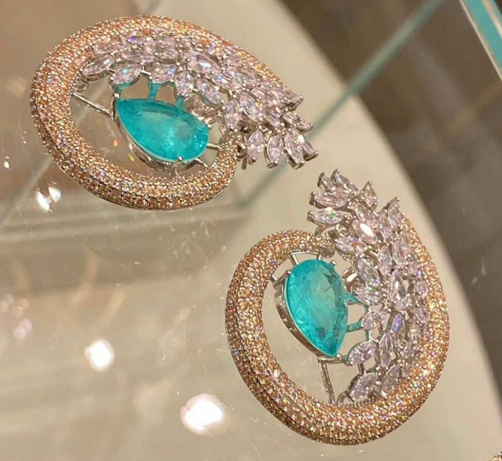 18K Gold Plated Paraiba Tourmaline Stone & CZ Diamond Earring