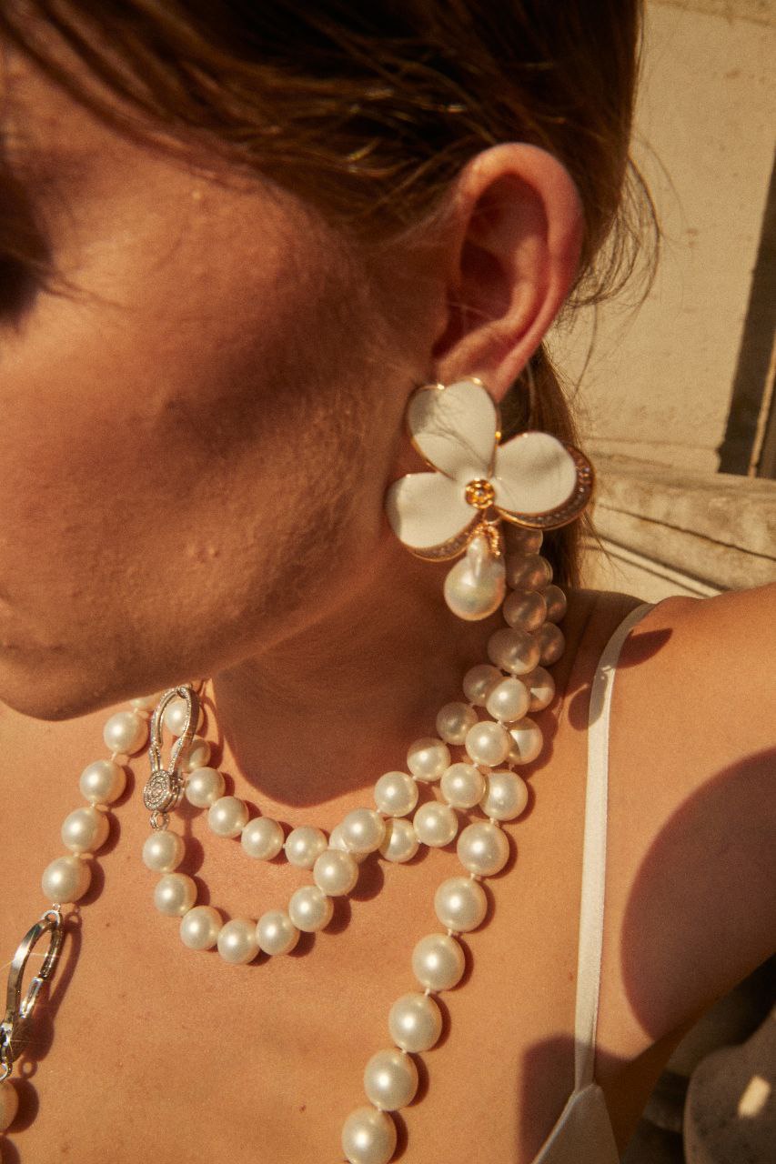 Italian White Enamel Freshwater Pearl & Cz Diamond 18K Gold Plated Orchid Earring