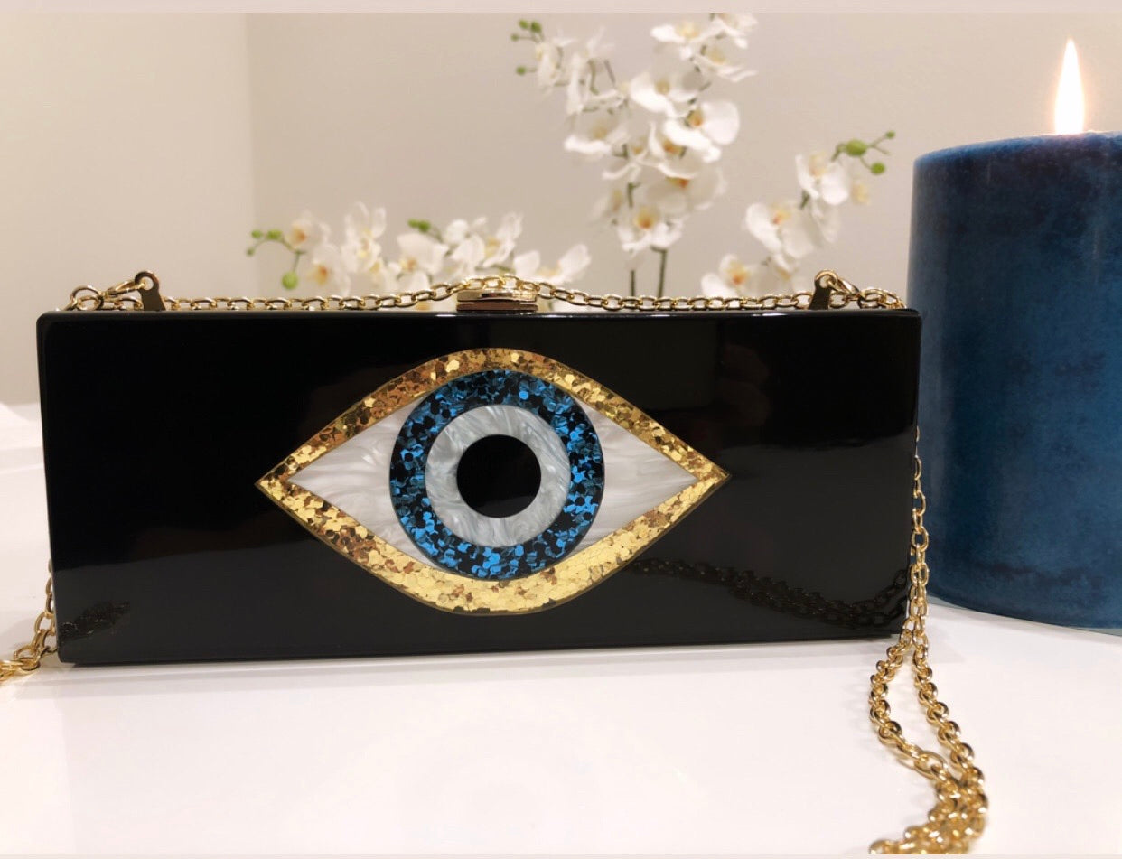 Luxe Acrylic Glitter Evil Eye Box Clutch