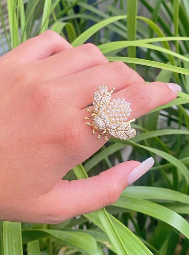 Elegant Pearl & Cz Diamond 18K Gold Plated Bee Ring